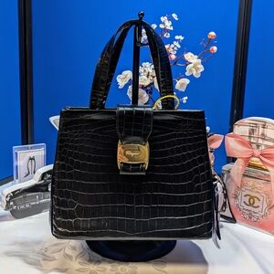 Salvatore Ferragamo Black Croc Embossed Handbag -Vintage